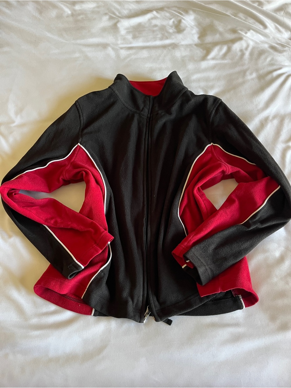 SO Fleece Zip Jacket Size L Black Red Poly Spandex White Trim